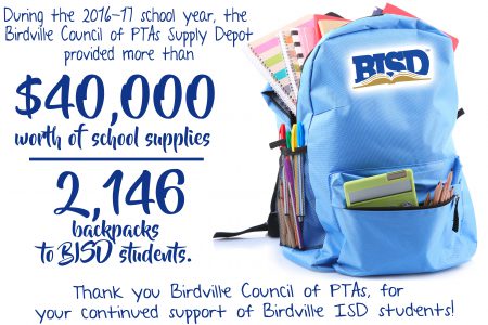 During the 2016-17 school year, the Birdville Council of PTAs Supply Depot provided more than $40,000 worth of school supplies and backpacks to 2,146 BISD students.